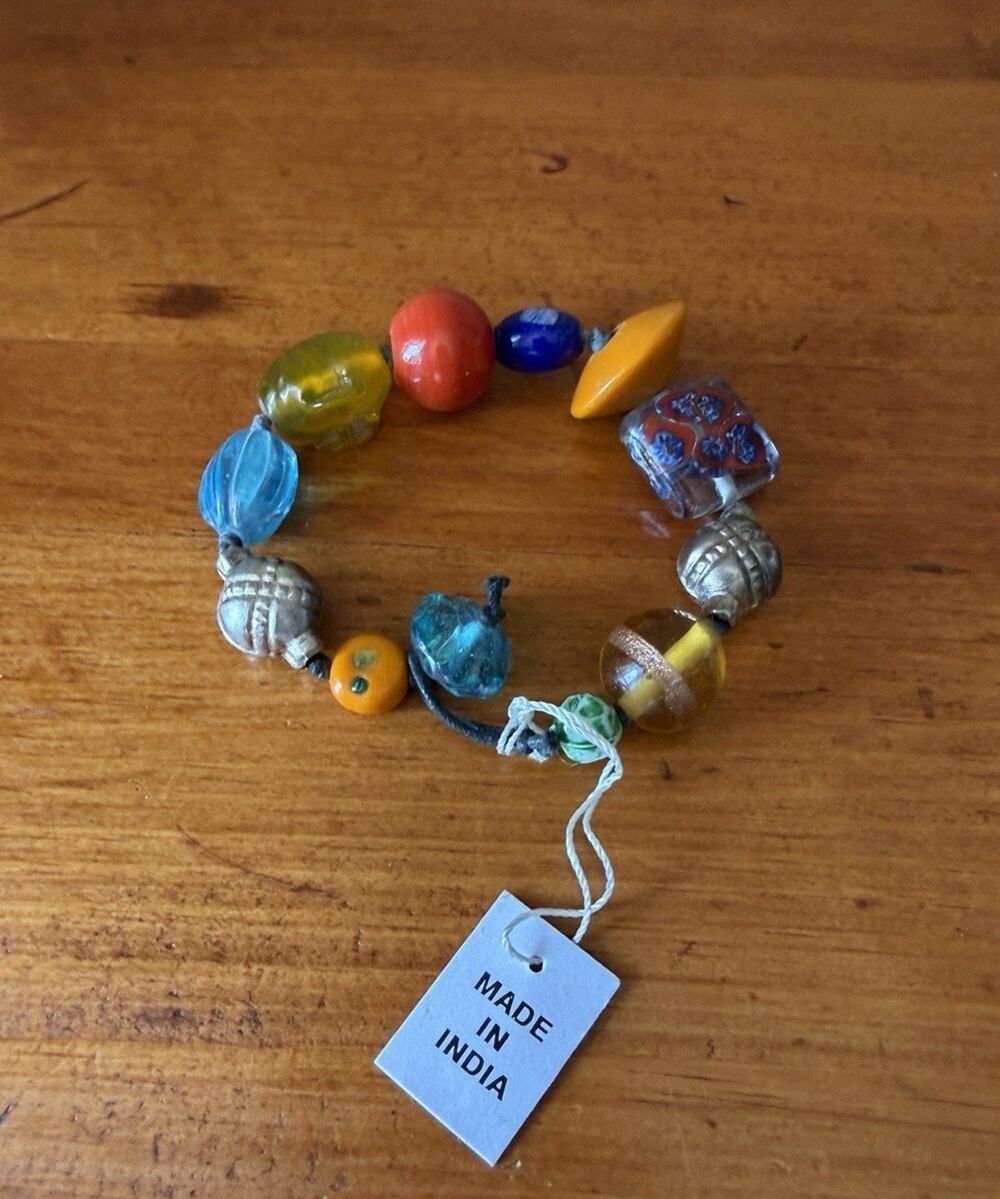 Boho Artisan Mixed Bead Bracelet Multicolor Glass Look Beads Made in India